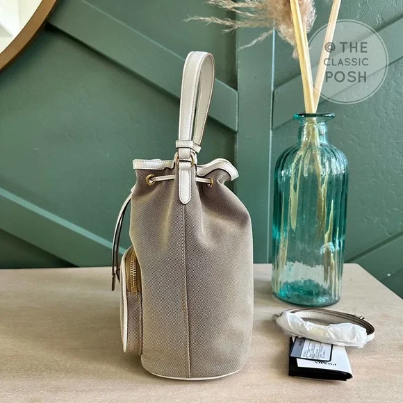 NEW Prada Jacquard Logo Bucket White Trim Canvas Tote Crossbody Bag - Picture 6 of 11